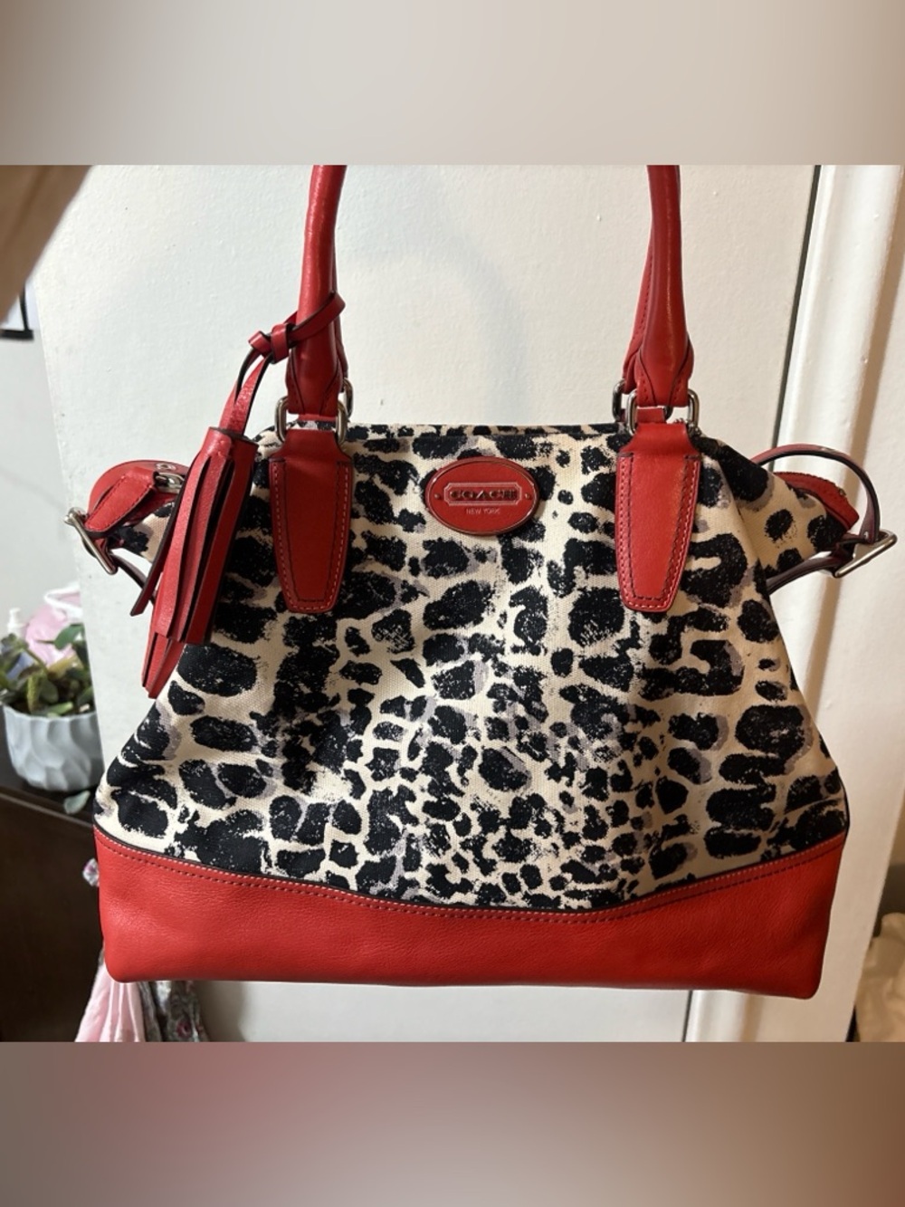 Coach Park Ocelot Leopard Print Canvas Red Leather Trim Satchel Tote – Bold - Picture 2 of 10